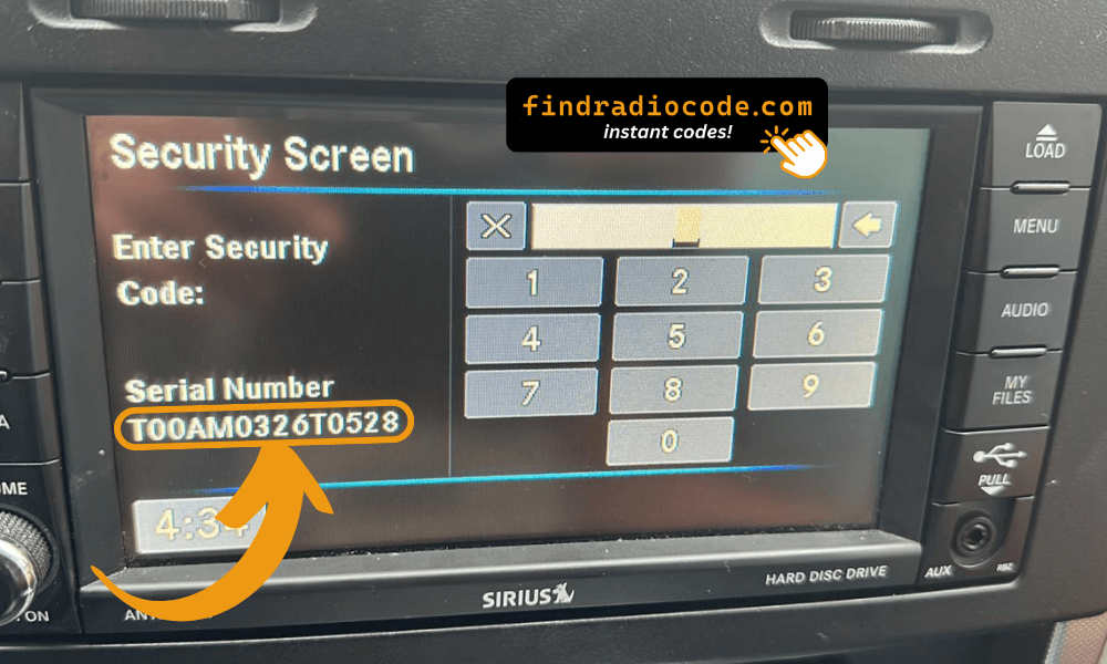 Chrysler Uconnect screen displaying serial number T00AM for radio unlock